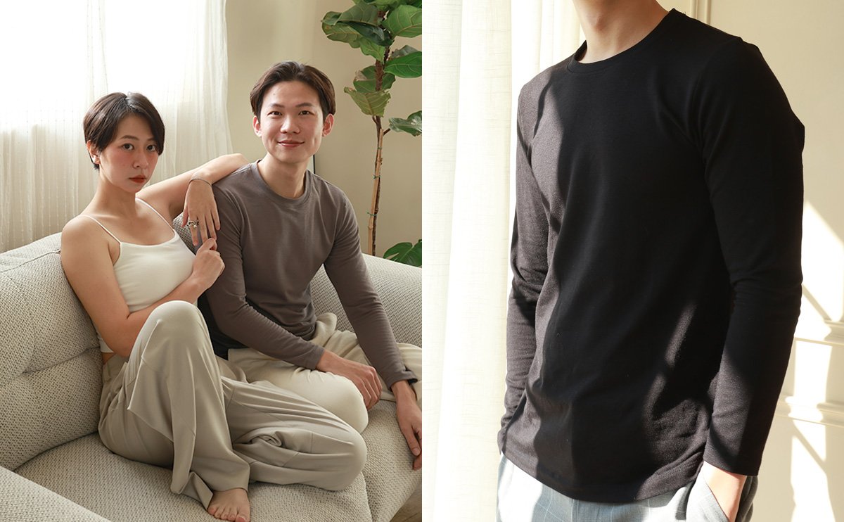 模特兒穿著 Urban Space 男用素面發熱衣，適合襯衫內搭的冬季保暖選擇。