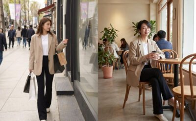 特兒穿著 URBAN SPACE 瑜珈小喇叭褲的全身照，背景為自然的日常場景，展現修長顯瘦的腿部線條與自在的穿著感。